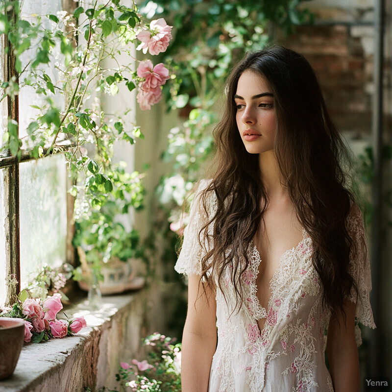 A serene and idyllic scene of a woman standing in front of a window surrounded by lush greenery