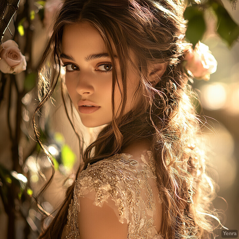 A woman in a champagne-colored dress or gown with intricate details, posing elegantly with long brown hair and light skin.