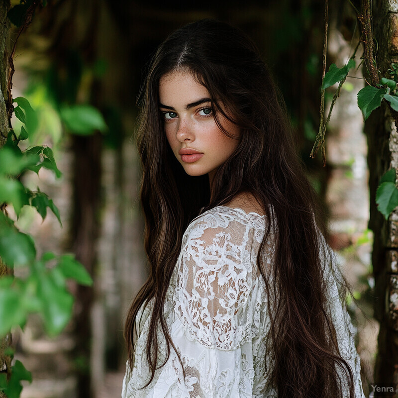 A young woman with long brown hair and blue eyes stands in front of a blurred background surrounded by lush greenery, exuding confidence and poise.