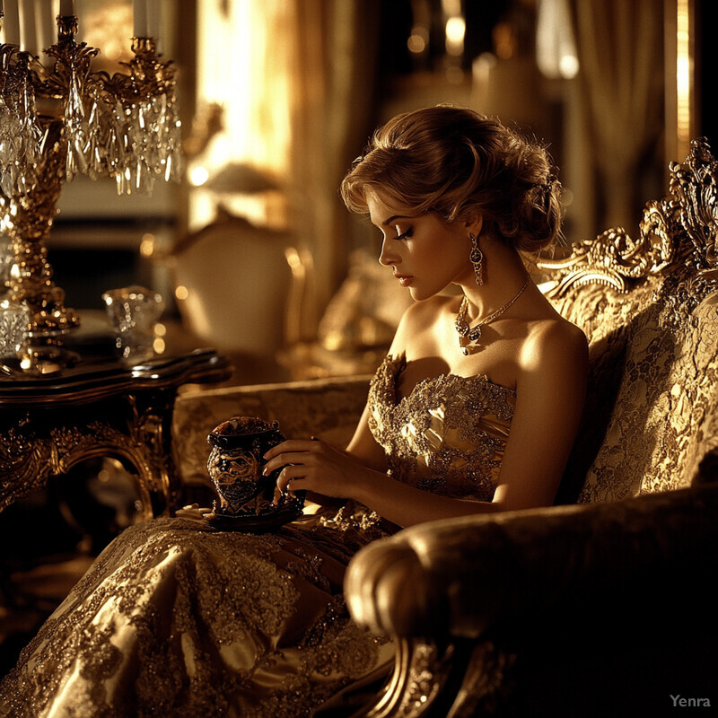 A woman sits on an ornate couch in a luxurious setting, dressed in a stunning gold gown with intricate lace and beading.