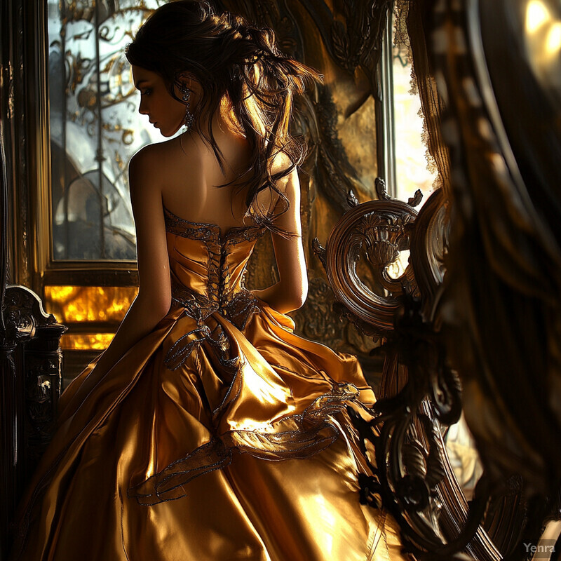 A woman in a luxurious golden gown stands in front of an ornate mirror, surrounded by opulent decor and soft lighting.