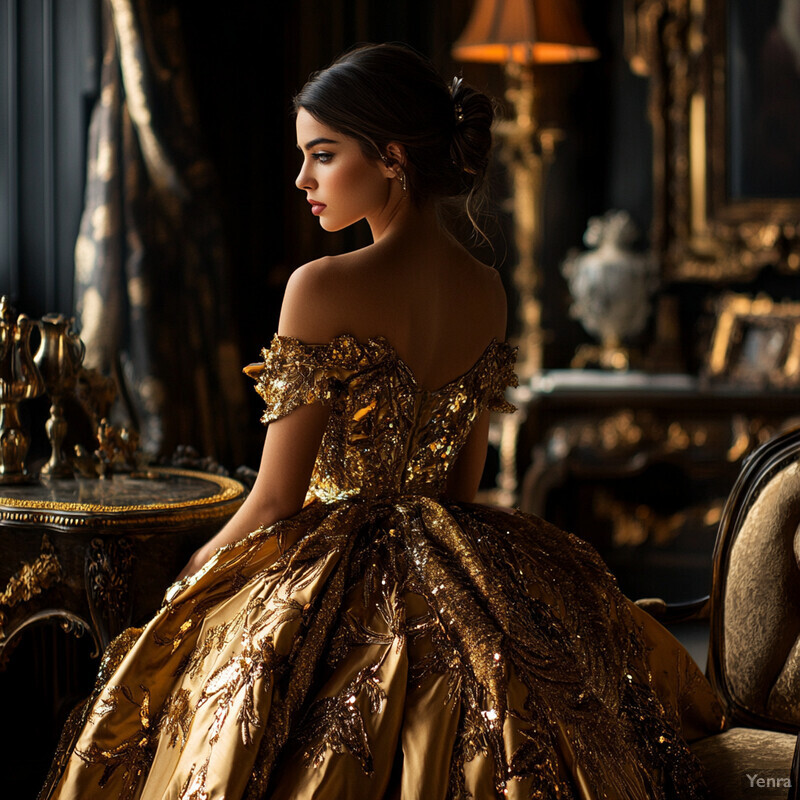 A woman sits in an ornate room wearing a gold gown