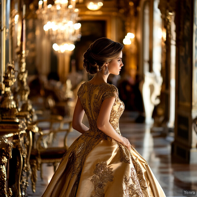 A young woman in a gold dress stands in a lavish ballroom