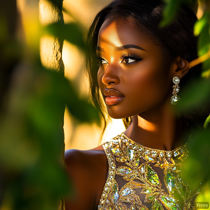 A woman in a gold dress posing for a portrait