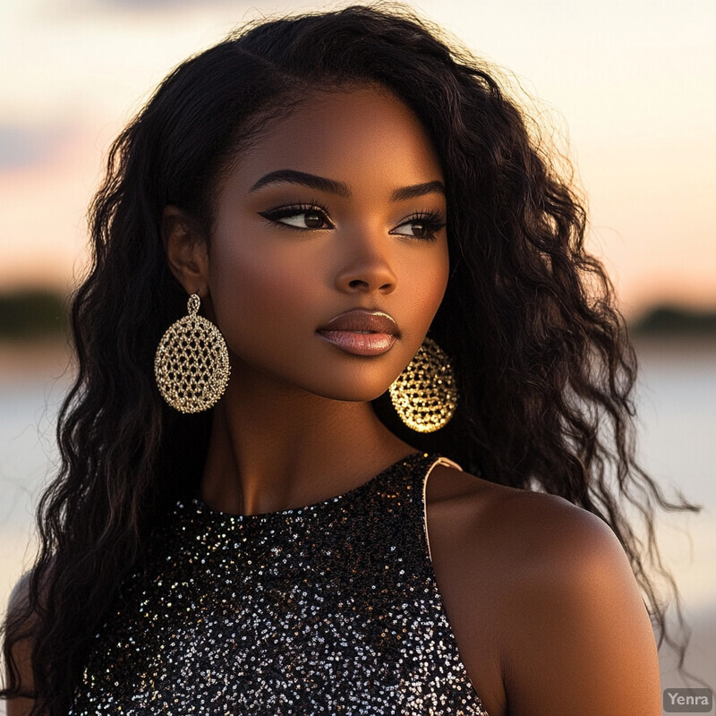 A woman with long, wavy hair and dark skin poses for a professional photograph during the golden hour, wearing a black sequined top and large gold earrings.