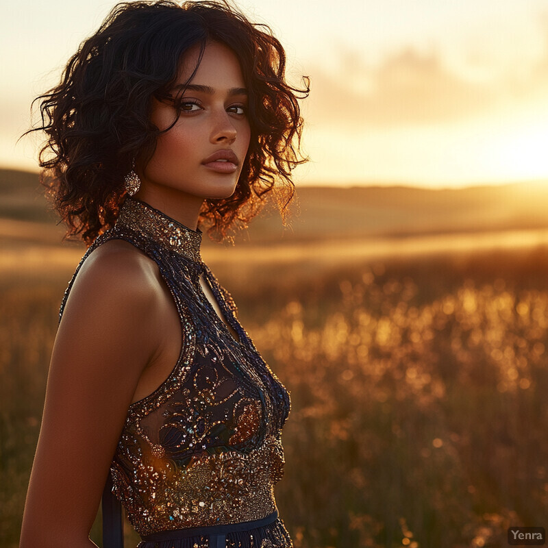 A woman in a stunning black dress stands confidently in a field during golden hour, exuding elegance and poise.