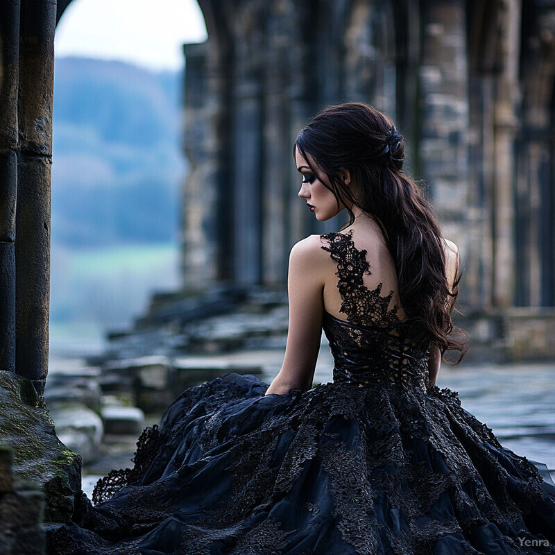 A woman in a black dress stands in front of an old stone building.