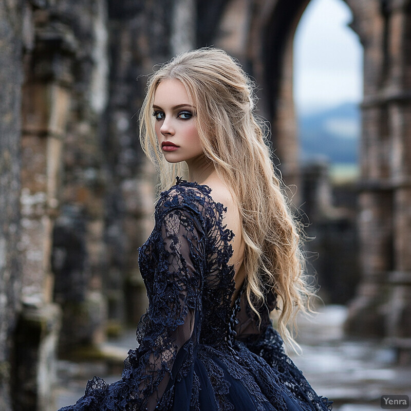 A woman in a dark blue lace dress poses in front of a blurred outdoor background.