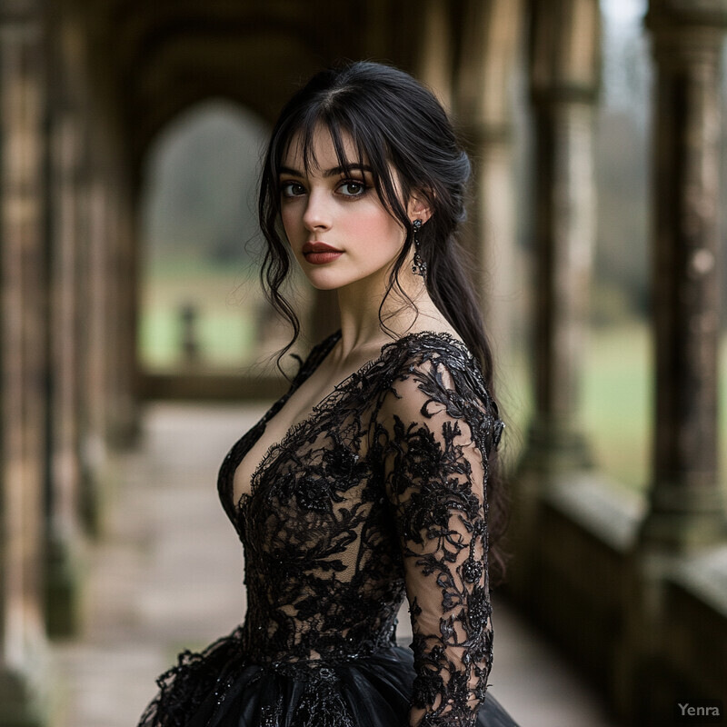 A woman in a black dress poses for a photo shoot outdoors