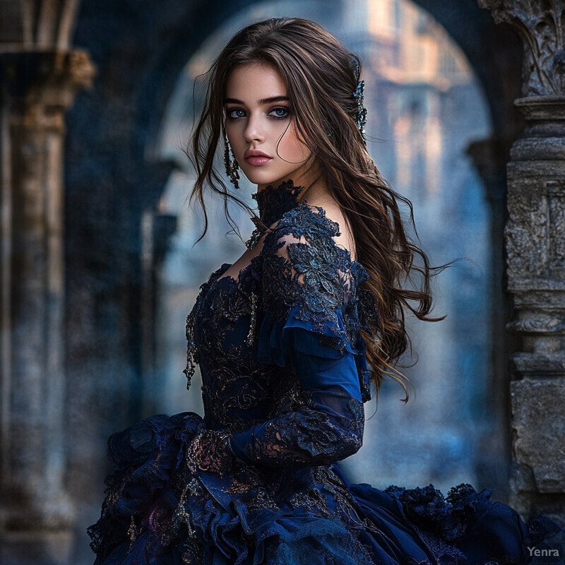 A young woman with long brown hair and fair skin poses in a dark blue Victorian-style dress, exuding confidence and poise.