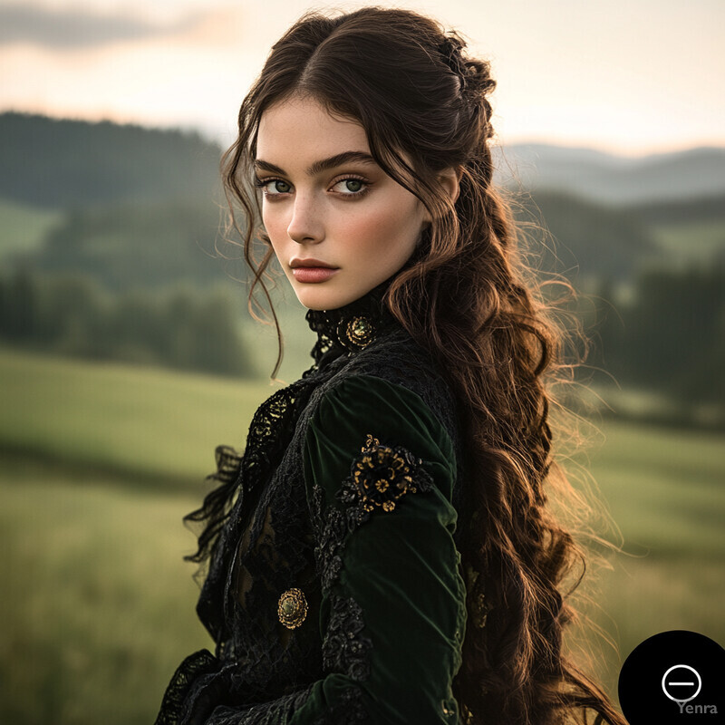 A woman stands in a field with mountains in the background