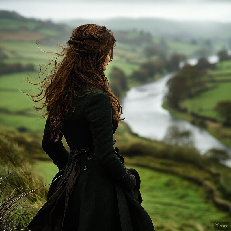 Woman standing in front of a vast, green landscape