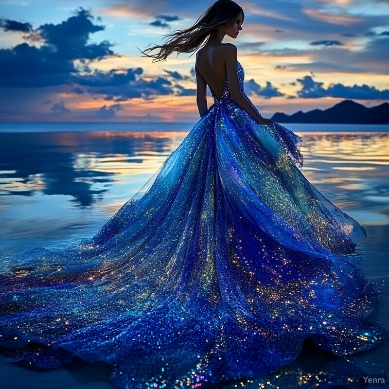 Woman in blue dress at sunset