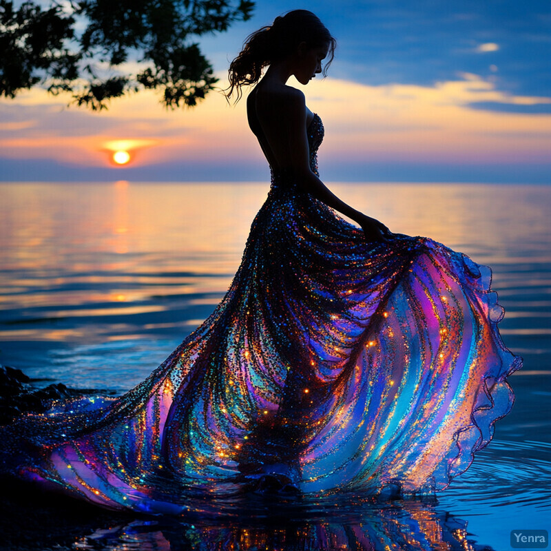 A woman stands in shallow water at sunset, wearing a shimmering blue gown with intricate patterns.