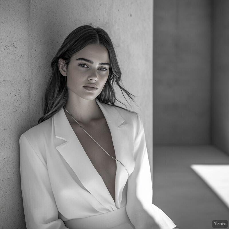 A woman in a white suit stands against a concrete wall, exuding elegance and sophistication.