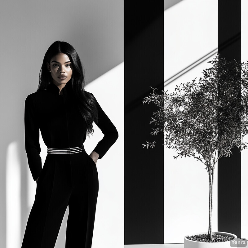 A woman stands confidently in front of a striped wall with a silver belt around her waist