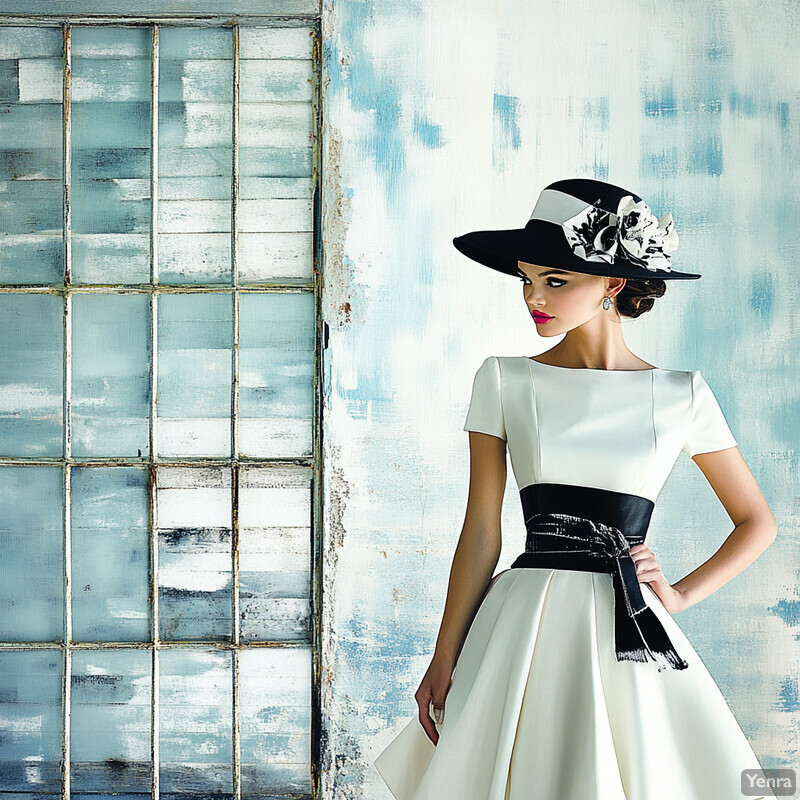 A woman in a white dress with a black belt and hat stands in front of a windowed wall.