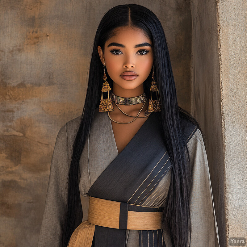 A traditional Indian woman poses confidently in front of a mottled brown wall, showcasing her elegant attire and striking features.