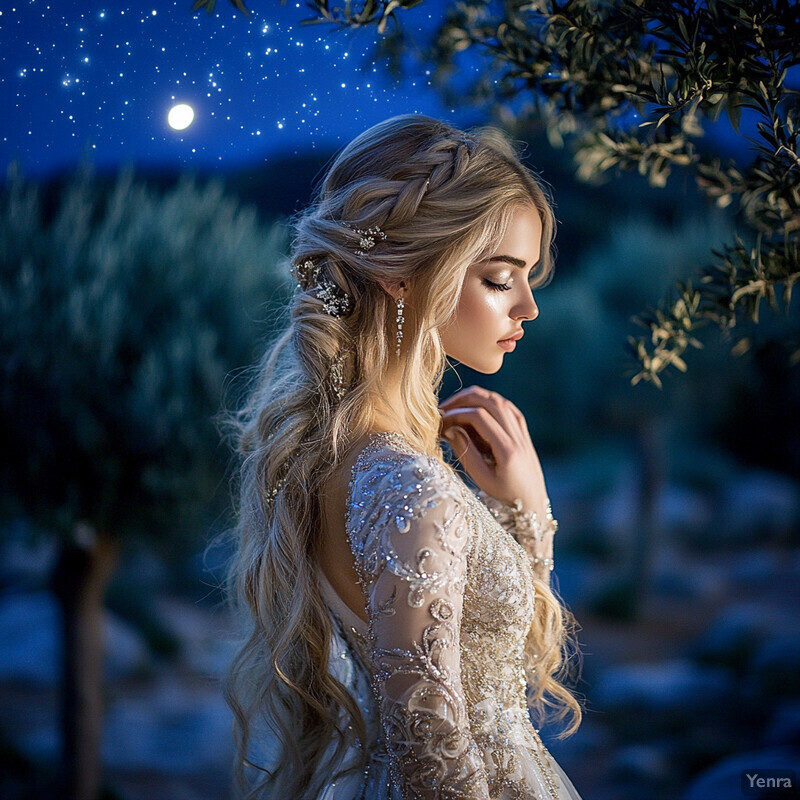 A woman with blonde hair styled in a braid and wearing a white dress stands under a moonlit sky