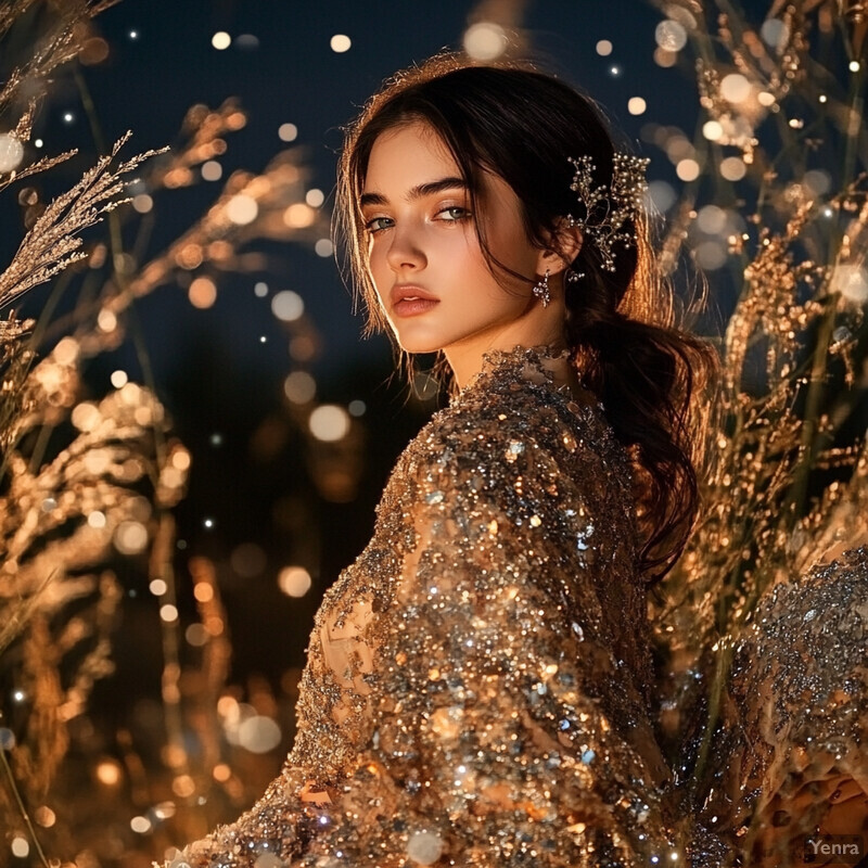 A woman in a stunning gold dress stands confidently in front of a dark background, exuding elegance and poise.