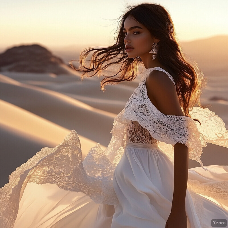 A woman stands alone in a desert landscape, dressed in white and gazing off into the distance.