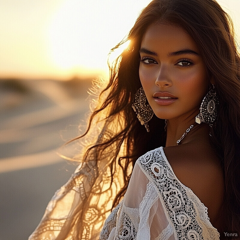 A serene desert scene featuring a woman with long brown hair and dark eyes, wearing a white lace top or dress, and adorned with large dangling earrings.