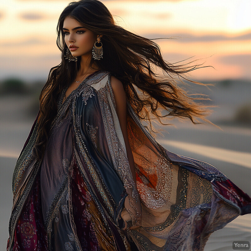 A woman in a flowing purple and gold dress or robe stands in front of a blurred background, exuding elegance and sophistication.