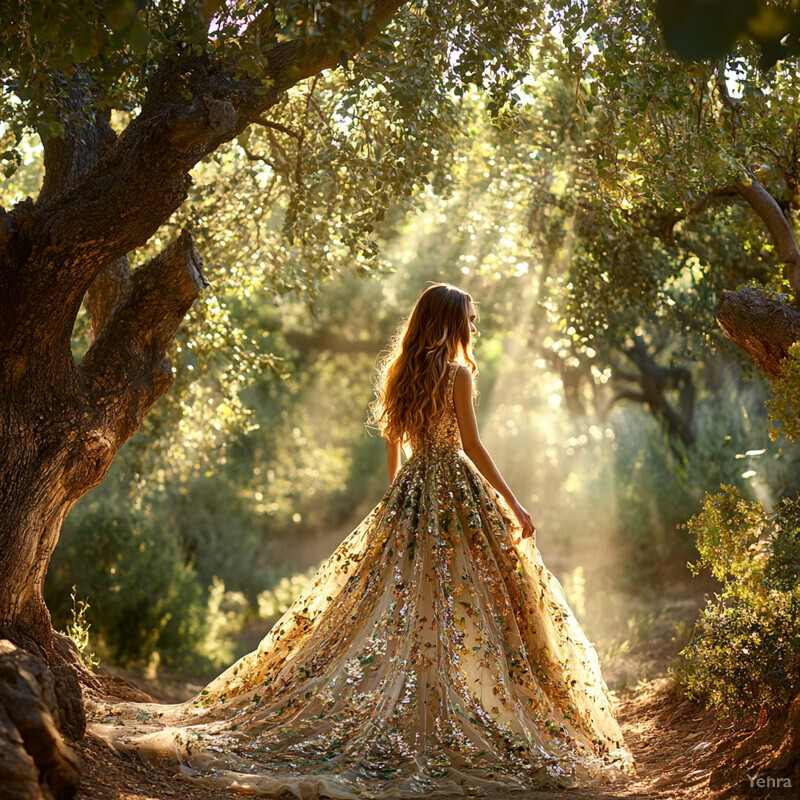 A serene scene of a woman in a long dress standing in a forest, surrounded by towering trees and wildflowers, with a gentle stream flowing in the distance.