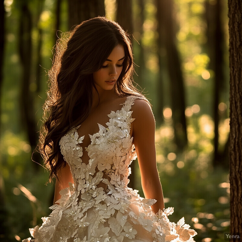 A woman stands in a mystical forest, surrounded by towering trees and lush greenery.