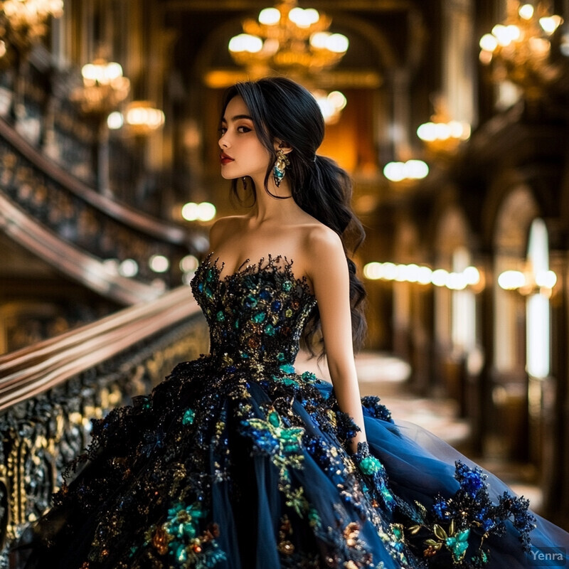 A woman in a black dress with intricate embroidery stands confidently in a grand room.