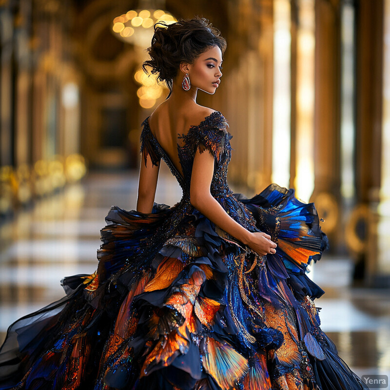 A woman stands confidently in a grand hallway, wearing an elaborate gown with intricate lace details.