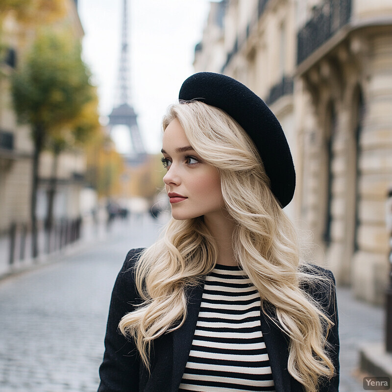 A young woman standing in front of the Eiffel Tower, exuding Parisian charm.