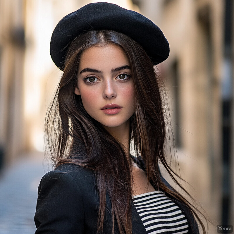 A young woman with long brown hair and a black beret exudes Parisian charm in a city street or sidewalk setting.