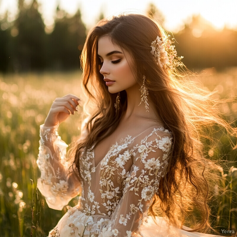 A serene and idyllic scene of a woman standing in a field of tall grass