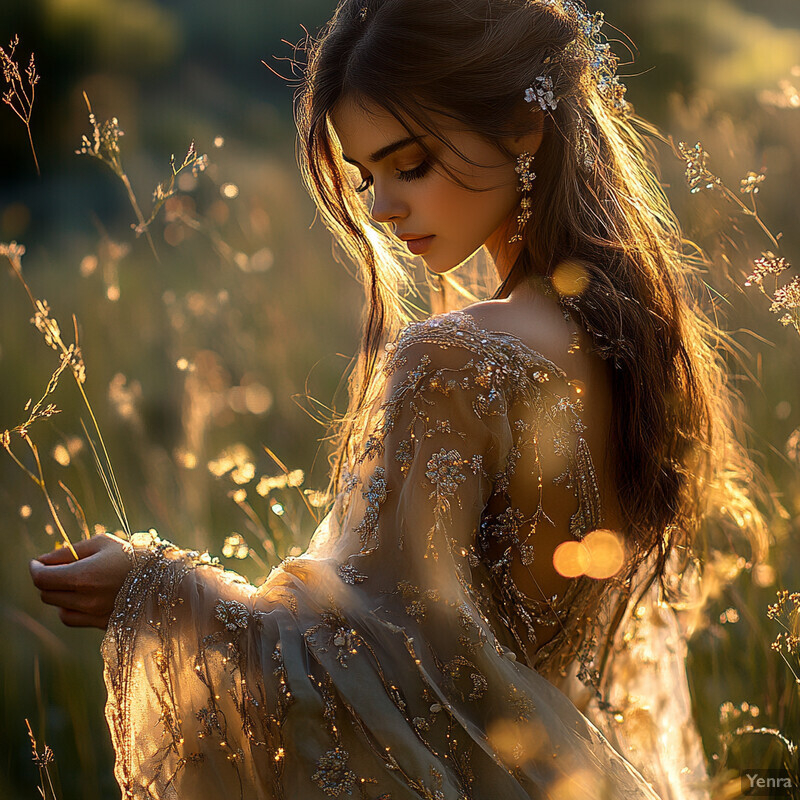 A woman stands in a field of tall grasses and wildflowers, lost in thought or communing with nature.