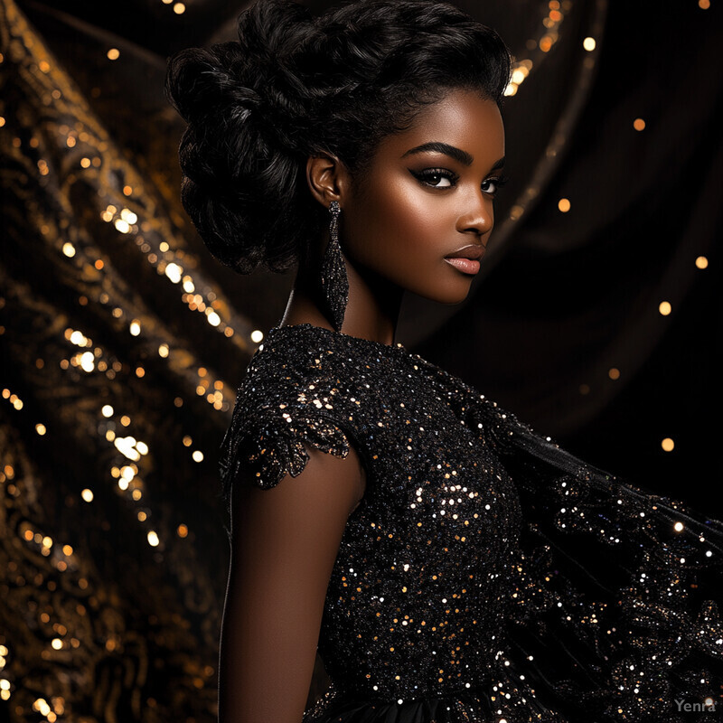 A woman in a black sequined dress poses confidently under dim lighting