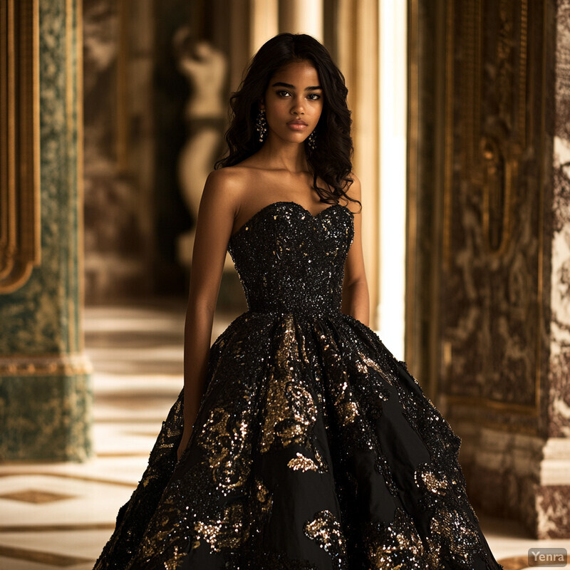 A woman stands confidently in front of a camera, surrounded by opulent decorations and a lavish room.