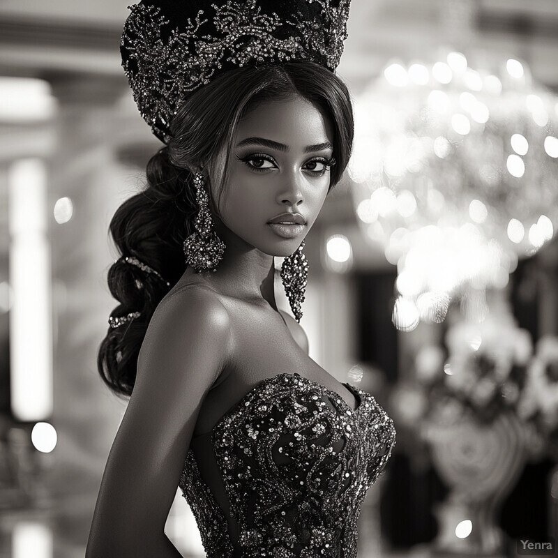 A woman exudes elegance and sophistication in a stunning formal gown at what appears to be a luxurious setting.