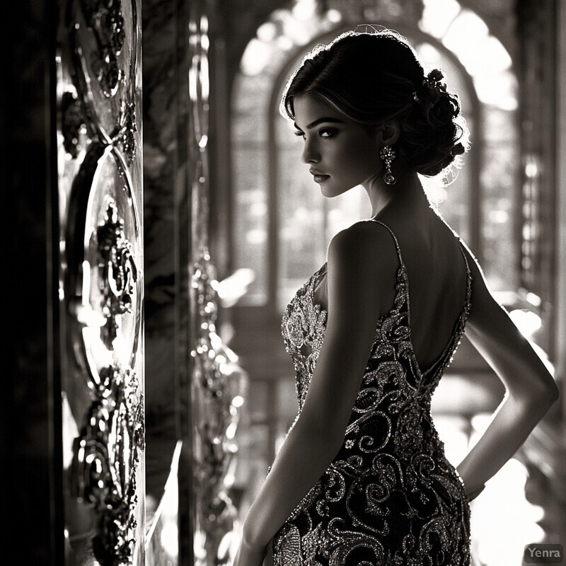 A woman stands confidently in front of a mirror, dressed in an elegant evening gown with intricate embroidery and sequins, exuding glamour and poise.