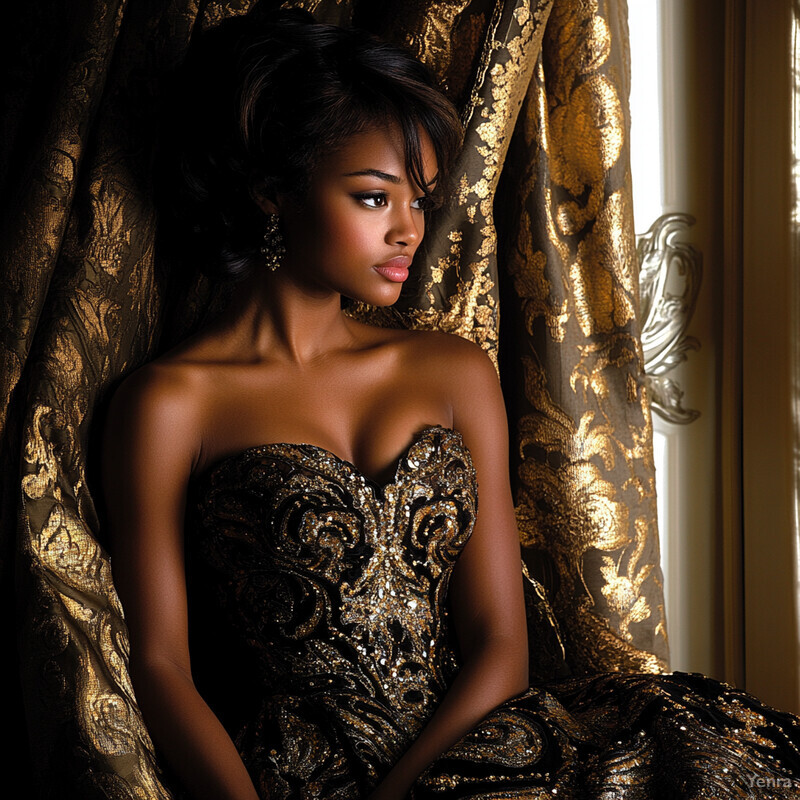 A woman with dark skin and black hair stands against a dark-colored wallpaper, wearing a strapless dress with gold embroidery and sequins.