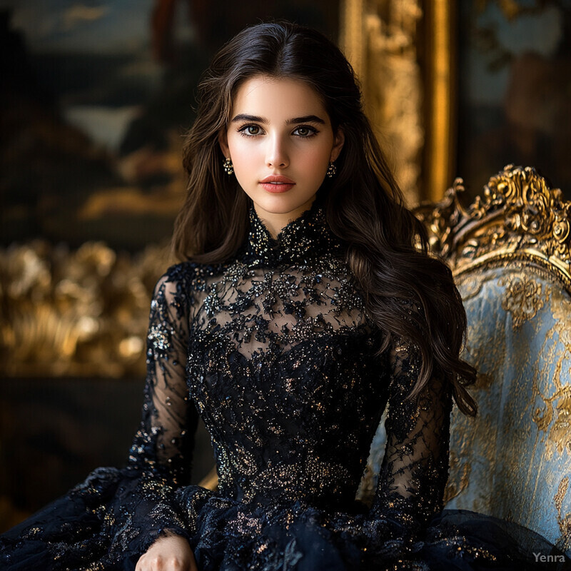 A woman in a black dress with lace patterns poses elegantly