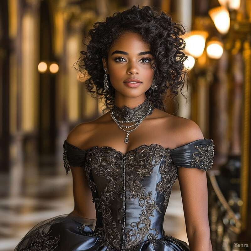 Woman in Renaissance Revival-style dress standing in grand hallway