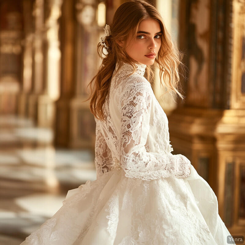 A woman in a wedding dress stands in a grand hall with ornate architecture