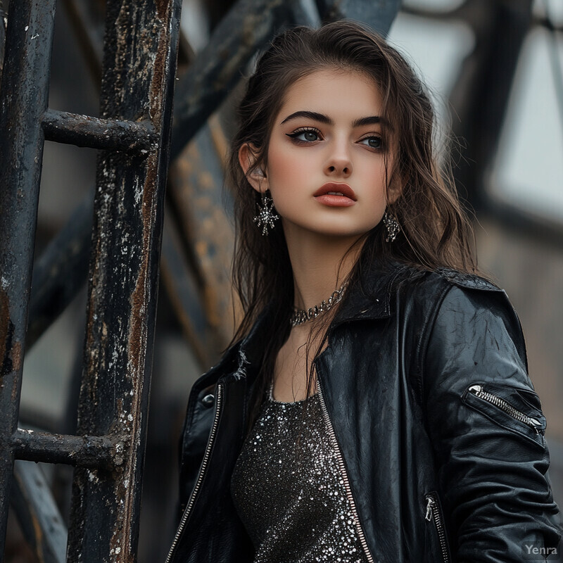 A young woman with dark hair and eyebrows poses in front of a blurred background, wearing a black leather jacket and sparkly top.