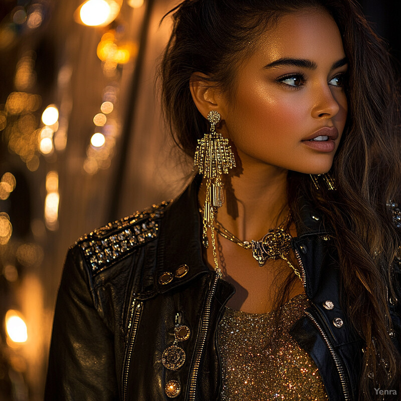 A woman in a black leather jacket and gold accessories looks to her right side against a blurred outdoor backdrop.