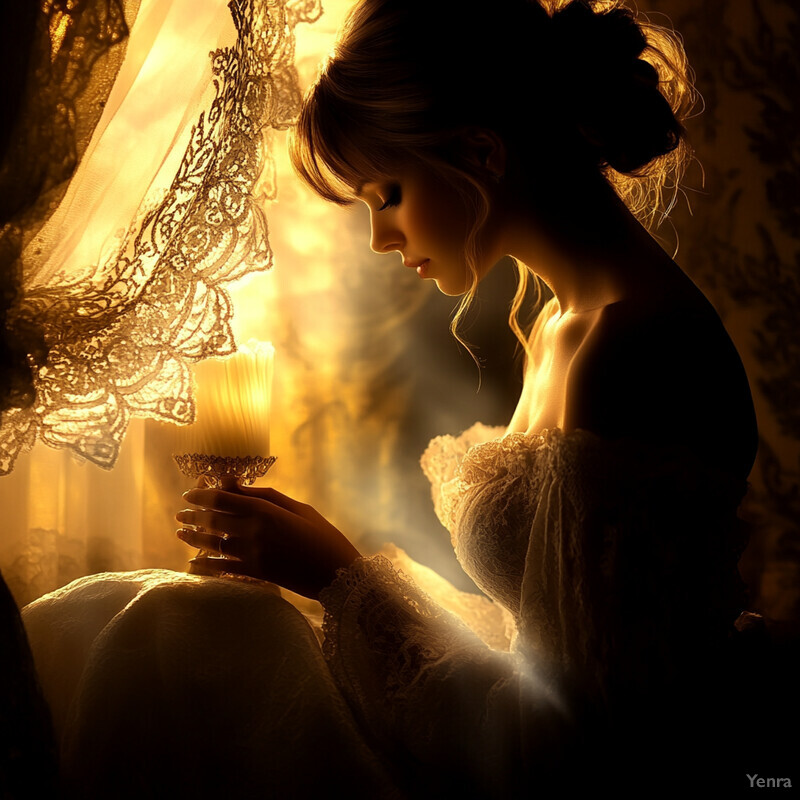 A romantic scene of a woman in a white dress holding a candle, set against a dark background