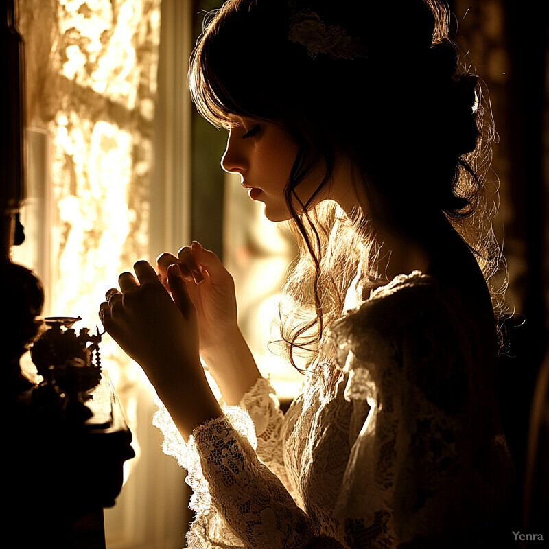 A romantic silhouette of a woman in a white wedding dress standing in front of a window