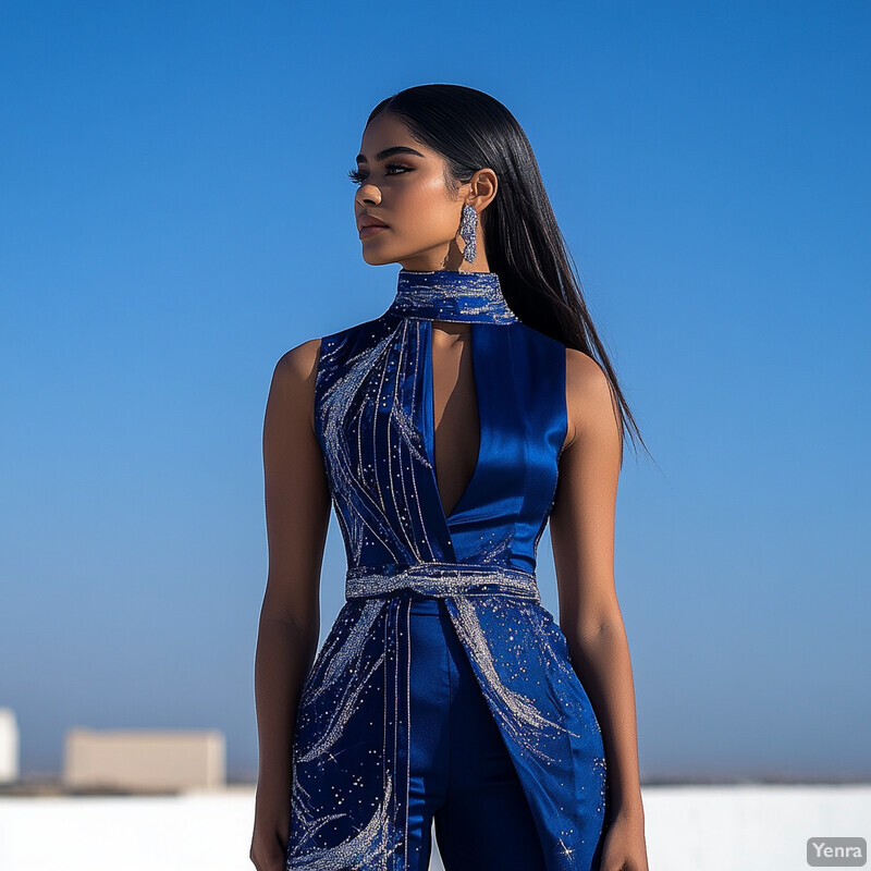 A woman in a blue jumpsuit with silver sparkles stands outdoors against a clear blue sky.