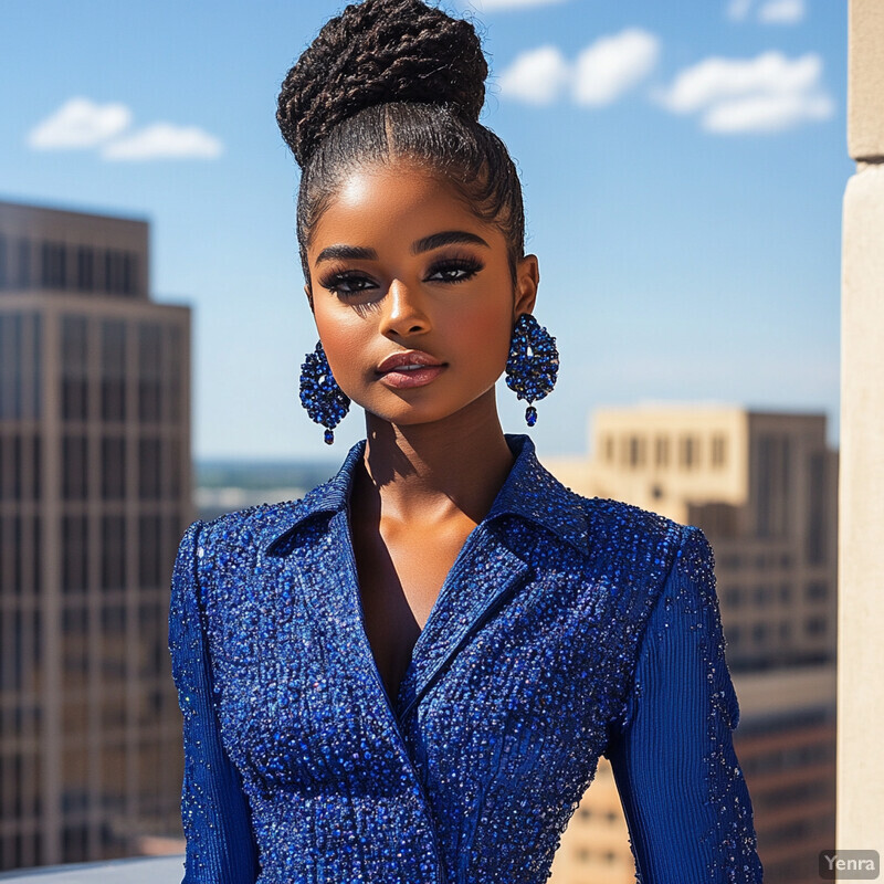 A young Black woman poses on an outdoor rooftop in a royal blue jumpsuit with silver sequins, exuding confidence and poise.