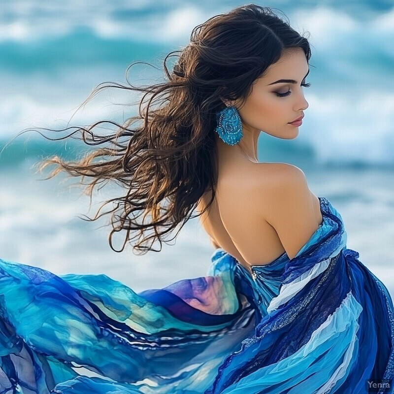 A serene beach scene featuring a woman in a white dress gazing out at the ocean